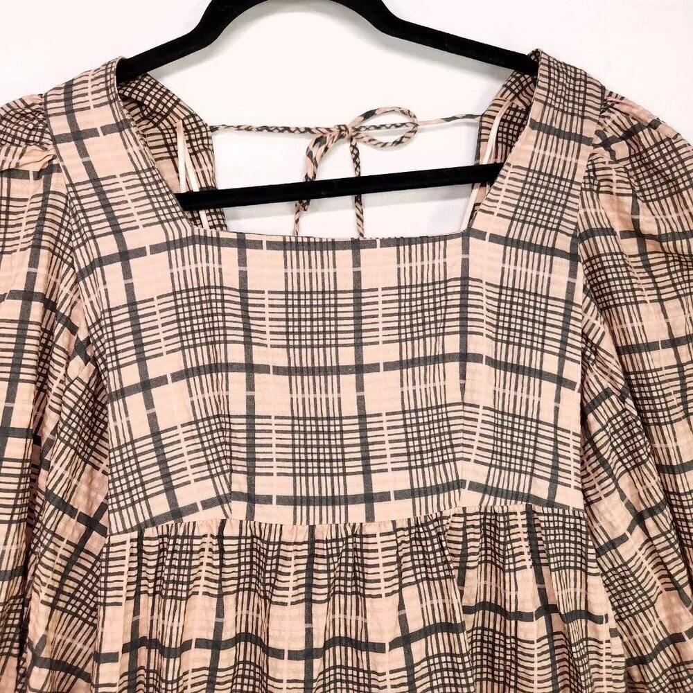 Topshop Babydoll Mini Dress Balloon Long Sleeve Size 4 Boho Gingham Brown - Picture 4 of 15